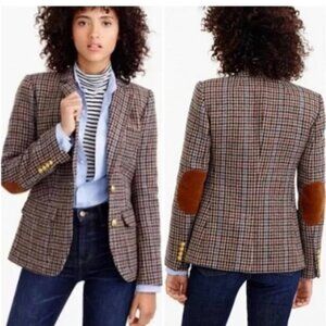 J.Crew Rhodes Blazer Jacket Wool Tweed Houndstooth Elbow Patches Brown Size 00